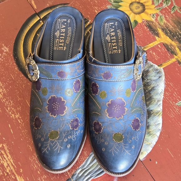 L'Artiste Spring Step Zoozi Western Leather Slipon Mules Shoes Rhinestone Buckle - Picture 2 of 12